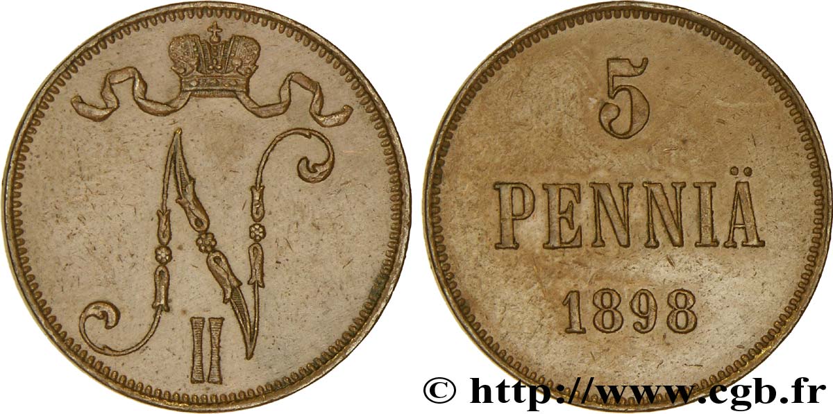 FINLANDIA 5 Pennia monogramme Tsar Nicolas II 1898  SPL 