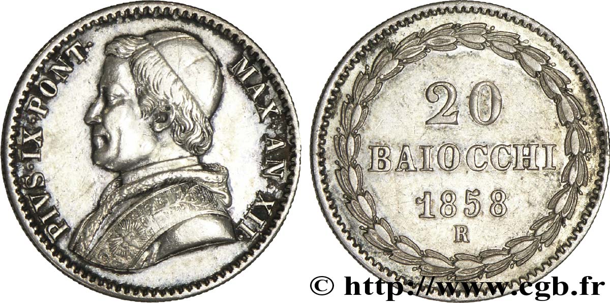 VATICAN AND PAPAL STATES 20 Baiocchi Pie IX an XII 1858 Rome AU 