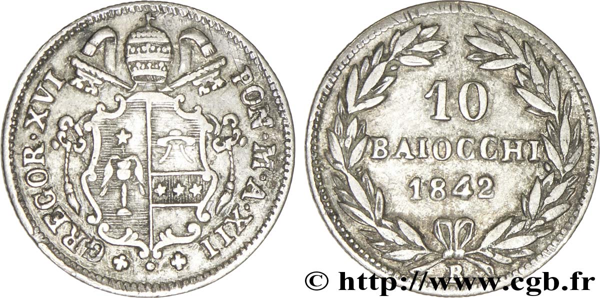 VATICAN AND PAPAL STATES 10 Baiocchi frappe au nom de Grégoire XVI an XIV 1842 Bologne - B AU 