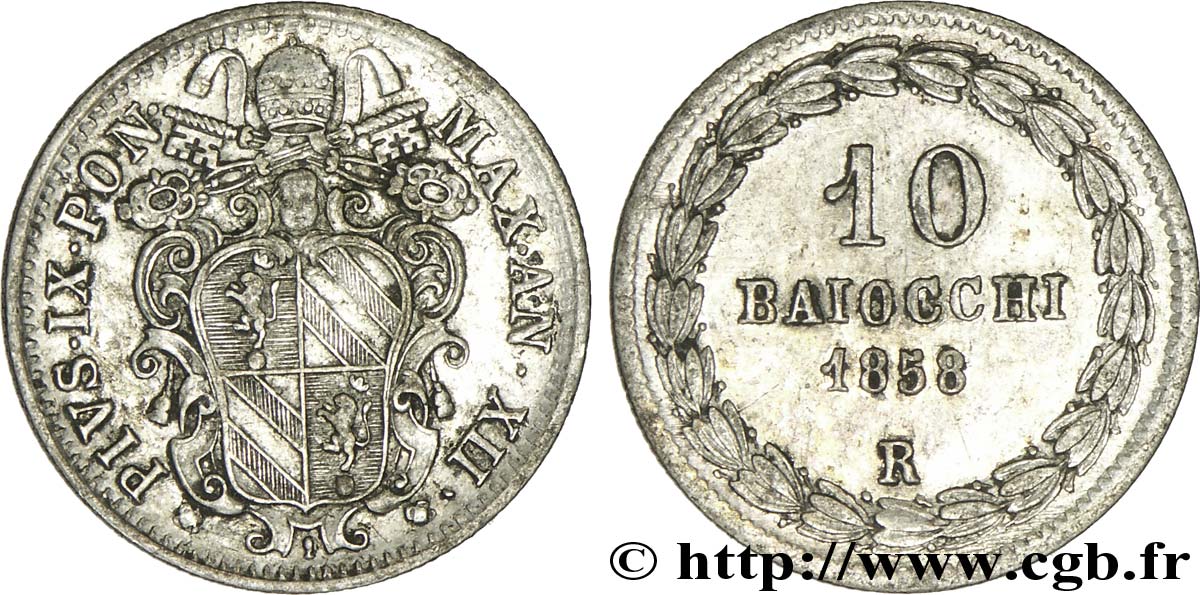 VATICANO E STATO PONTIFICIO 10 Baiocchi Pie IX an XII 1858 Rome q.SPL 
