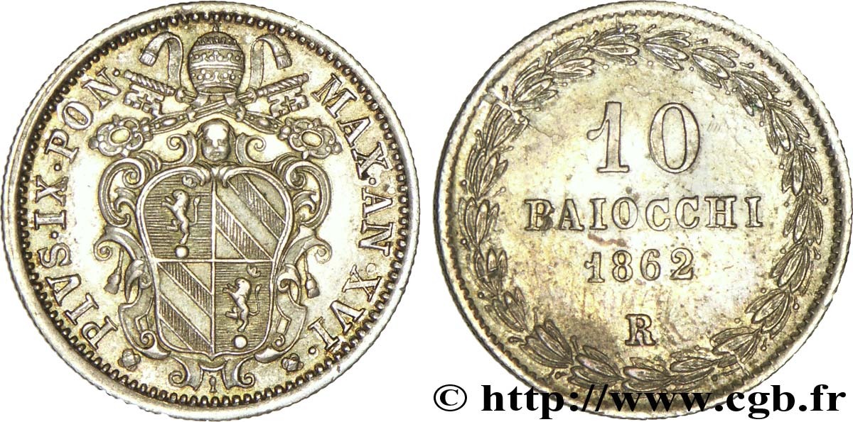 VATICANO E STATO PONTIFICIO 10 Baiocchi Pie IX an XVI 1862 Rome SPL 