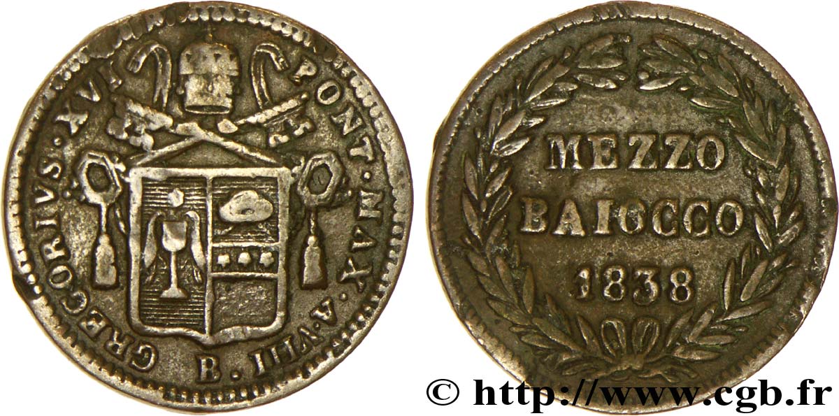 VATICAN AND PAPAL STATES 1 Mezzo Baiocco Grégoire XVI an VIII 1838 Bologne - B VG 