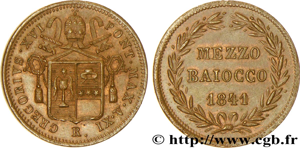 VATICAN AND PAPAL STATES 1 Mezzo Baiocco frappé au nom de Grégoire XVI an XI 1841 Rome AU 
