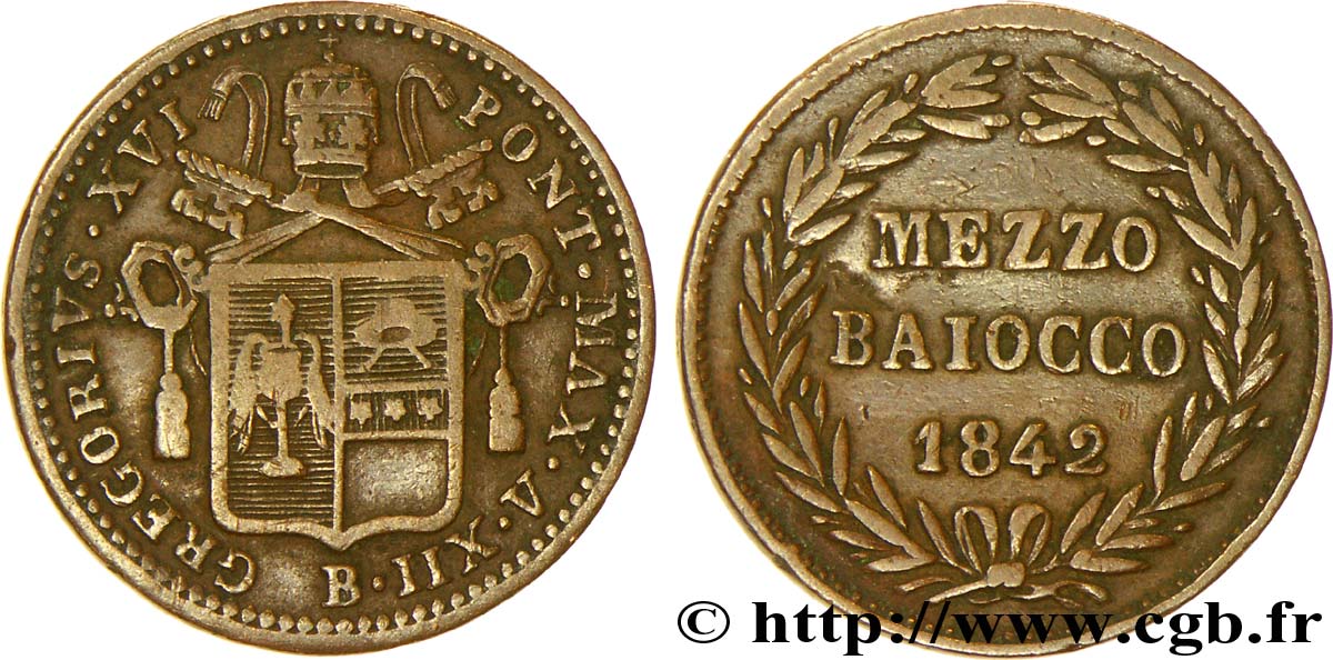 VATICAN AND PAPAL STATES 1 Mezzo Baiocco frappé au nom de Grégoire XVI an XII 1842 Bologne - B VF 