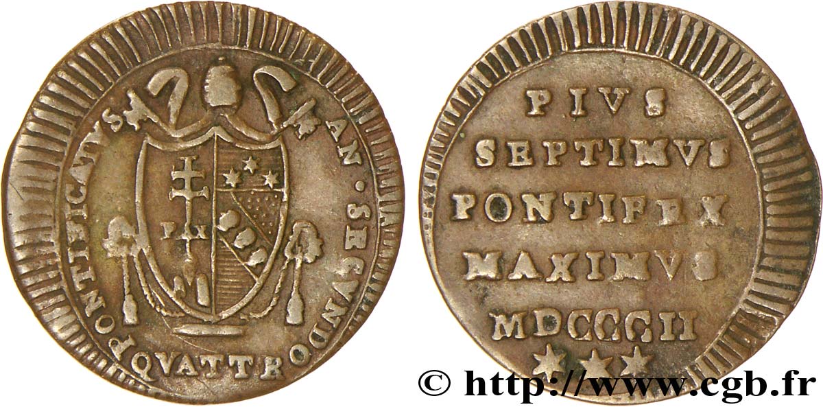 VATICAN AND PAPAL STATES 1 Quattrino frappe au nom de Pie VII an II 1802 Rome VF 