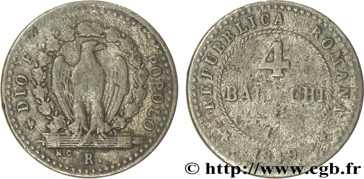 ITALY - ROMAN REPUBLIC 4 Baiocchi République Romaine aigle sur faisceaux 1849 Rome - R F 