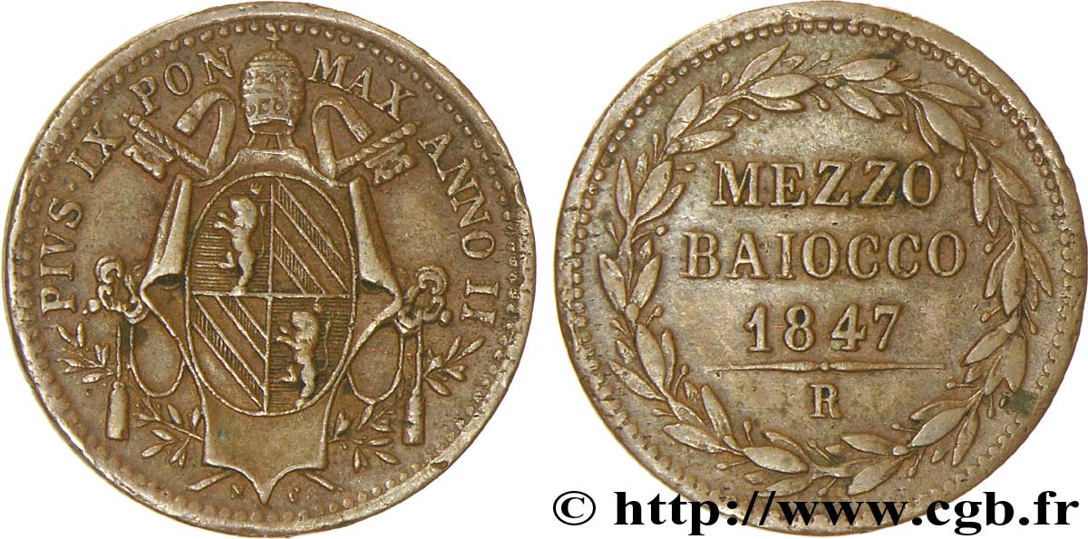 VATICAN AND PAPAL STATES 1 Mezzo Baiocco frappé au nom de Pie IX an II 1847 Rome XF 