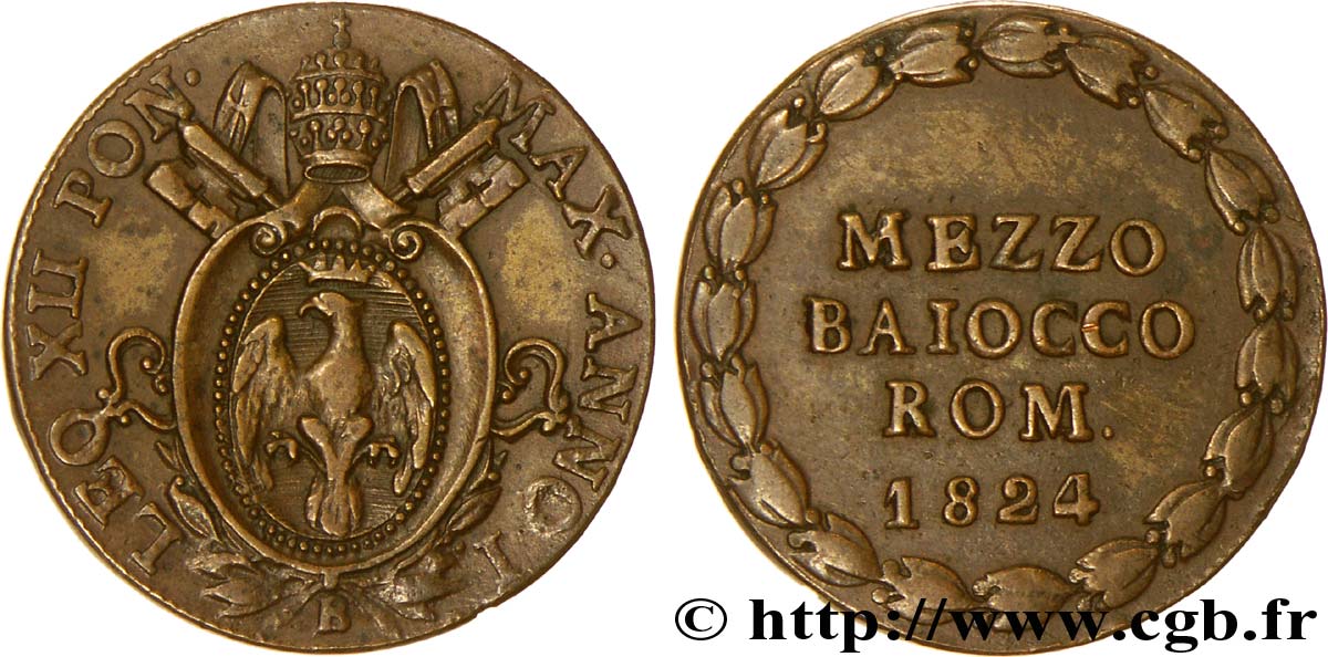 VATICANO Y ESTADOS PONTIFICIOS 1 Mezzo Baiocco frappé au nom de Léon XII an I 1824 Bologne - B MBC 