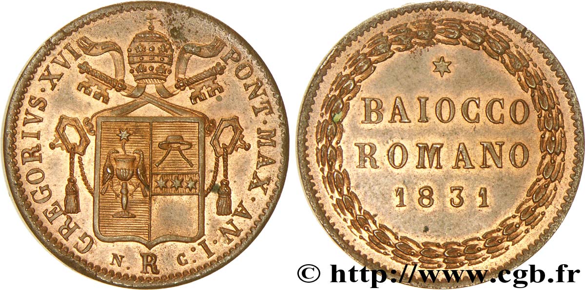 VATICANO Y ESTADOS PONTIFICIOS 1 Baiocco frappé au nom de Grégoire XVI an I 1831 Rome EBC 
