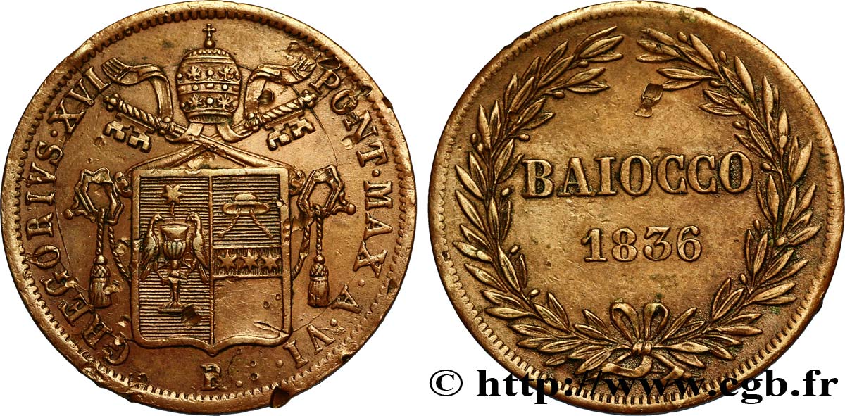 VATICANO Y ESTADOS PONTIFICIOS 1 Baiocco frappé au nom de Grégoire XVI an VI 1836 Rome MBC 