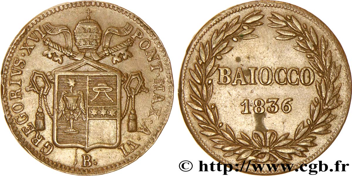 VATICANO Y ESTADOS PONTIFICIOS 1 Baiocco frappé au nom de Grégoire XVI an VI 1836 Bologne - B MBC+ 