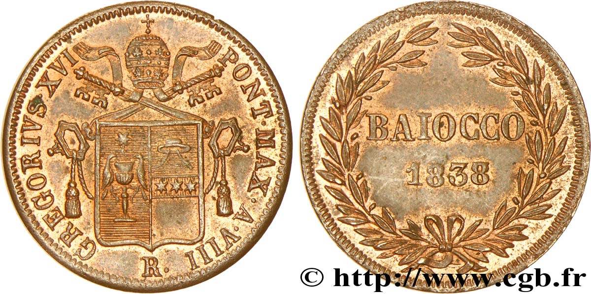 VATICAN AND PAPAL STATES 1 Baiocco Grégoire XVI an VIII 1838 Rome AU 