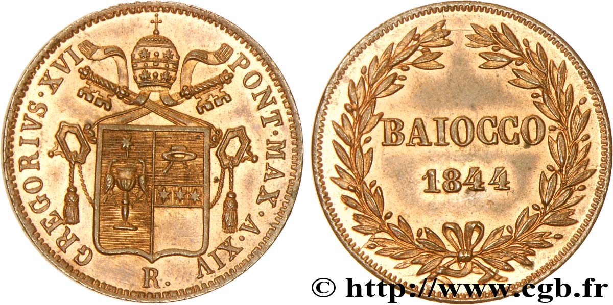 VATICAN AND PAPAL STATES 1 Baiocco frappé au nom de Grégoire XVI an XIV 1844 Rome AU 