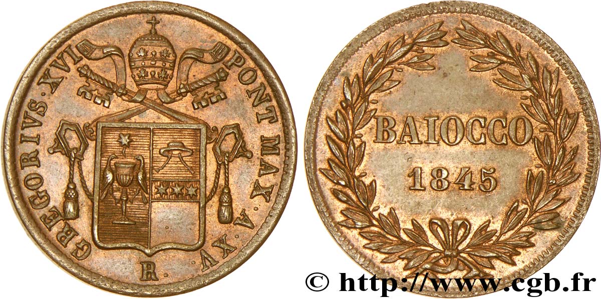 VATICAN AND PAPAL STATES 1 Baiocco frappé au nom de Grégoire XVI an XV variété sans point entre PONT et MAX 1845 Rome AU 