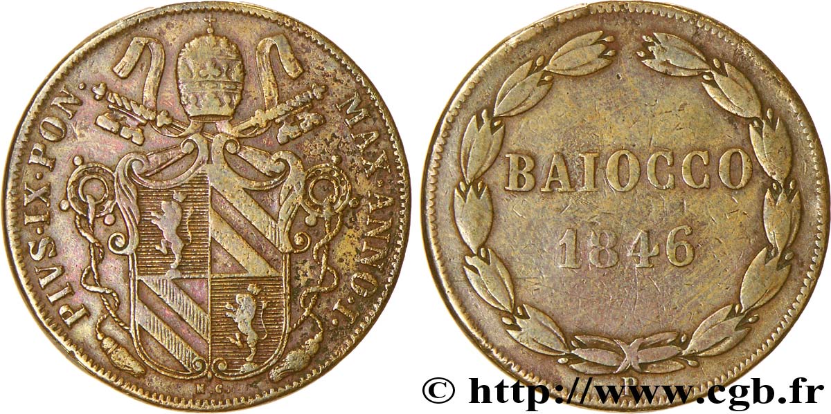 VATICAN AND PAPAL STATES 1 Baiocco armes du vatican frappé au nom de Pie IX an I 1846 Rome VF 