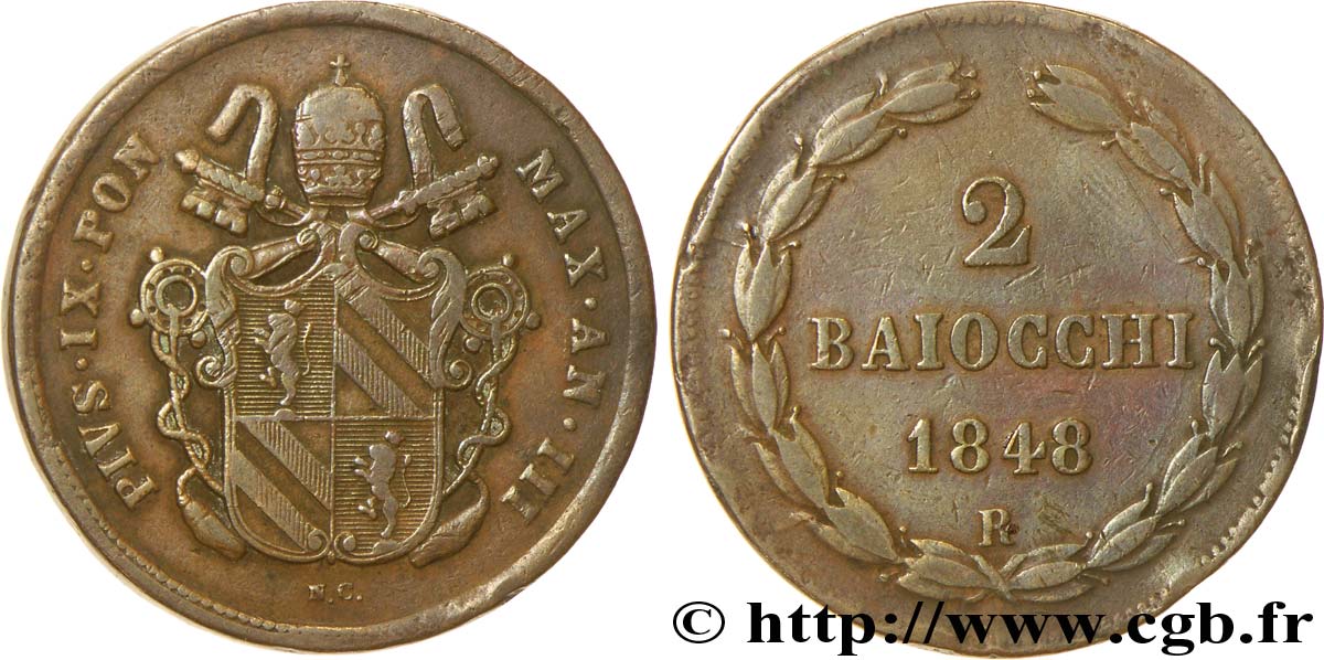 VATICAN AND PAPAL STATES 2 Baiocchi frappe au nom de Pie IX an III 1848 Rome VF 