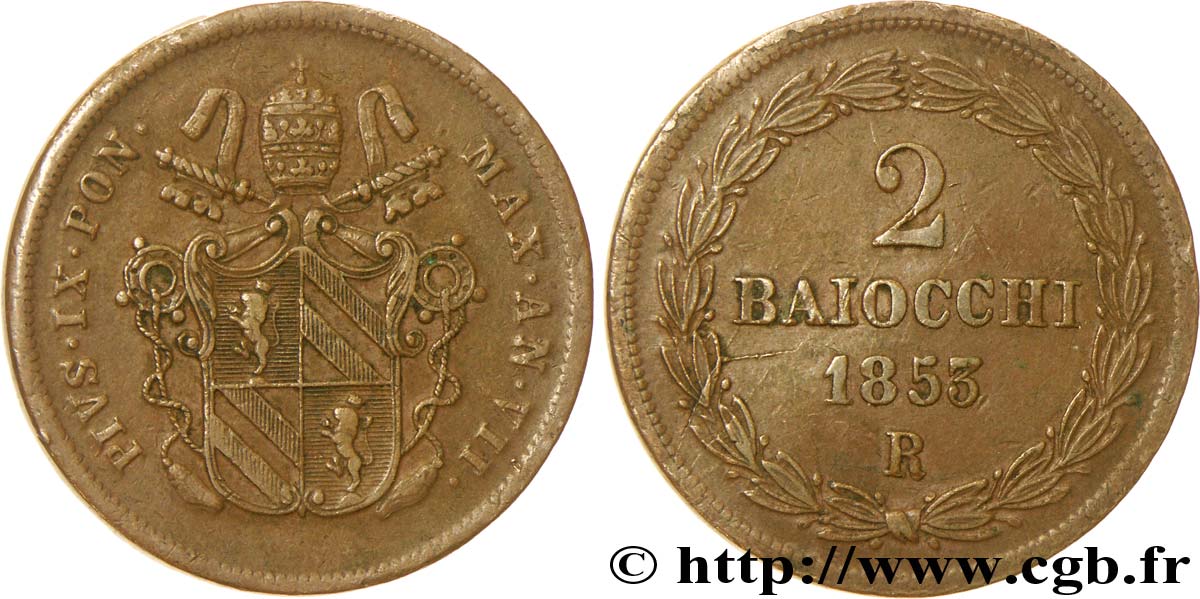 VATICAN AND PAPAL STATES 2 Baiocchi frappe au nom de Pie IX an VII 1853 Rome AU 