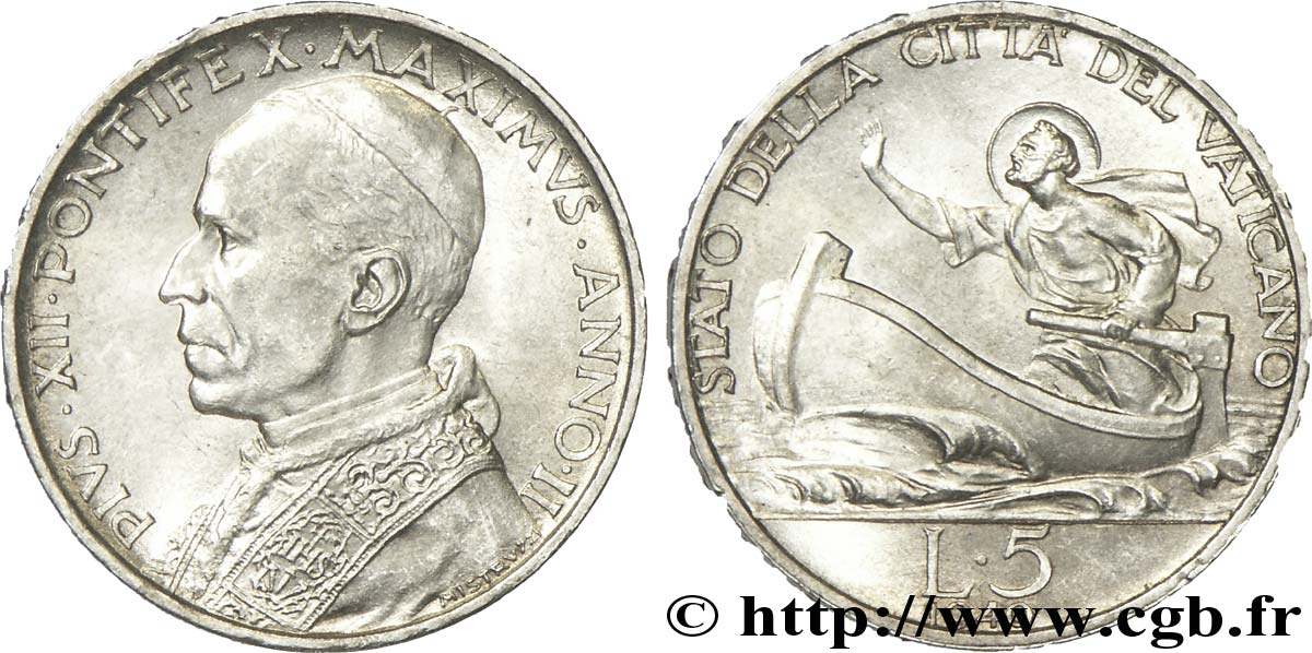 VATICAN AND PAPAL STATES 5 Lire Pie XII an II / Saint Pierre sur une barque 1940 Rome MS 