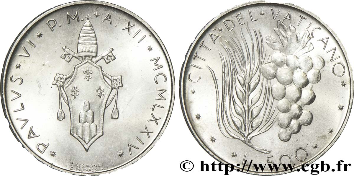VATICAN AND PAPAL STATES 500 Lire frappe au nom de Paul VI an XII / épis et grappe 1974 Rome MS 