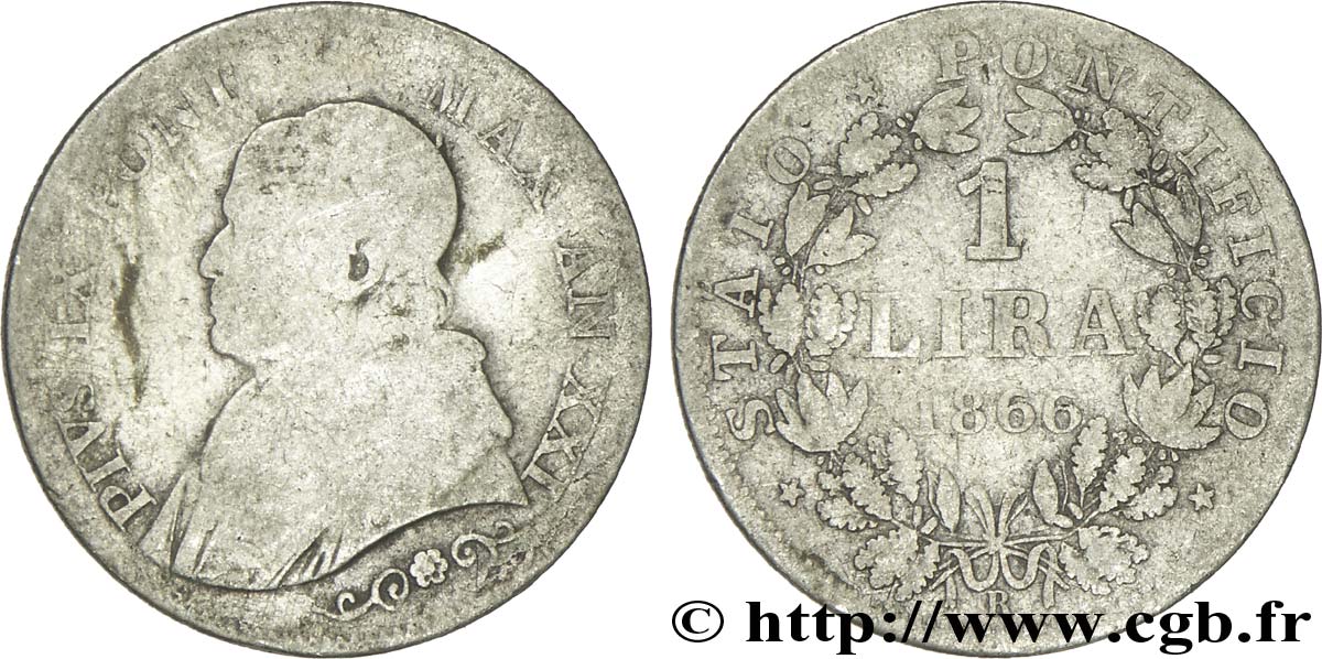 VATICAN AND PAPAL STATES 1 Lire Pie IX type petit buste an XXI 1866 Rome F 