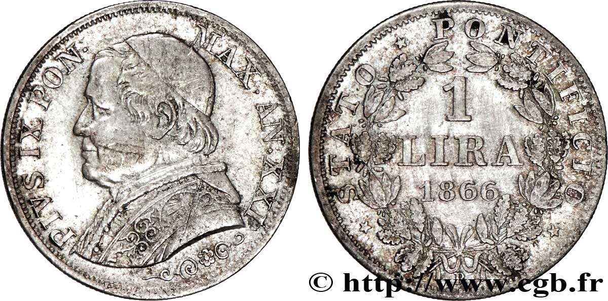 VATIKANSTAAT UND KIRCHENSTAAT 1 Lire Pie IX type grand buste an XXI 1866 Rome SS 