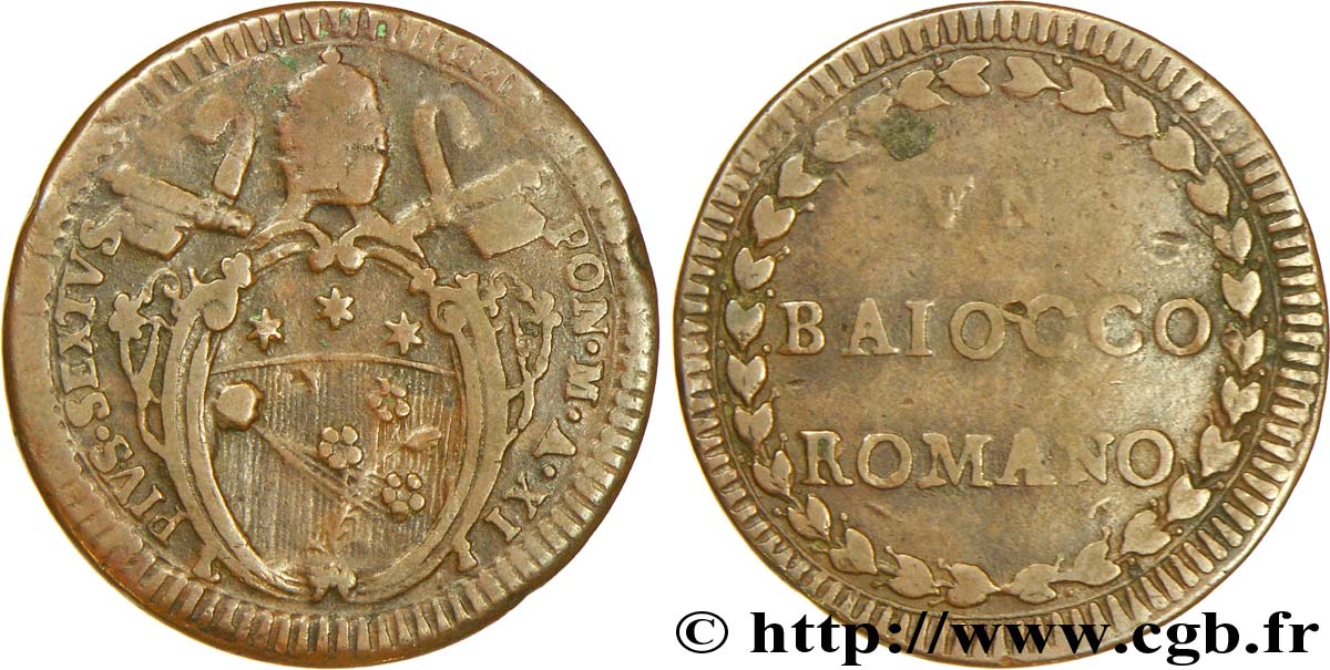 VATICAN AND PAPAL STATES 1 Baiocco frappe au nom de Pie VI an XI 1785 Rome VF 