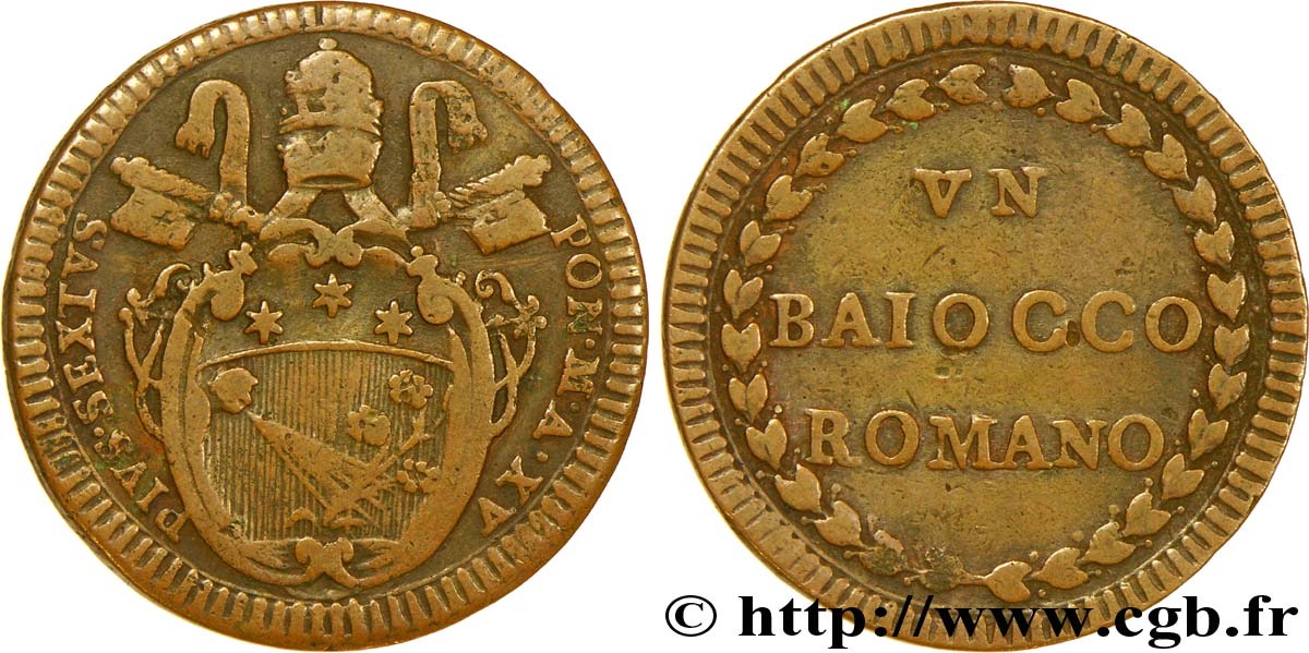 VATICAN AND PAPAL STATES 1 Baiocco frappe au nom de Pie VI an XV 1789 Rome VF 