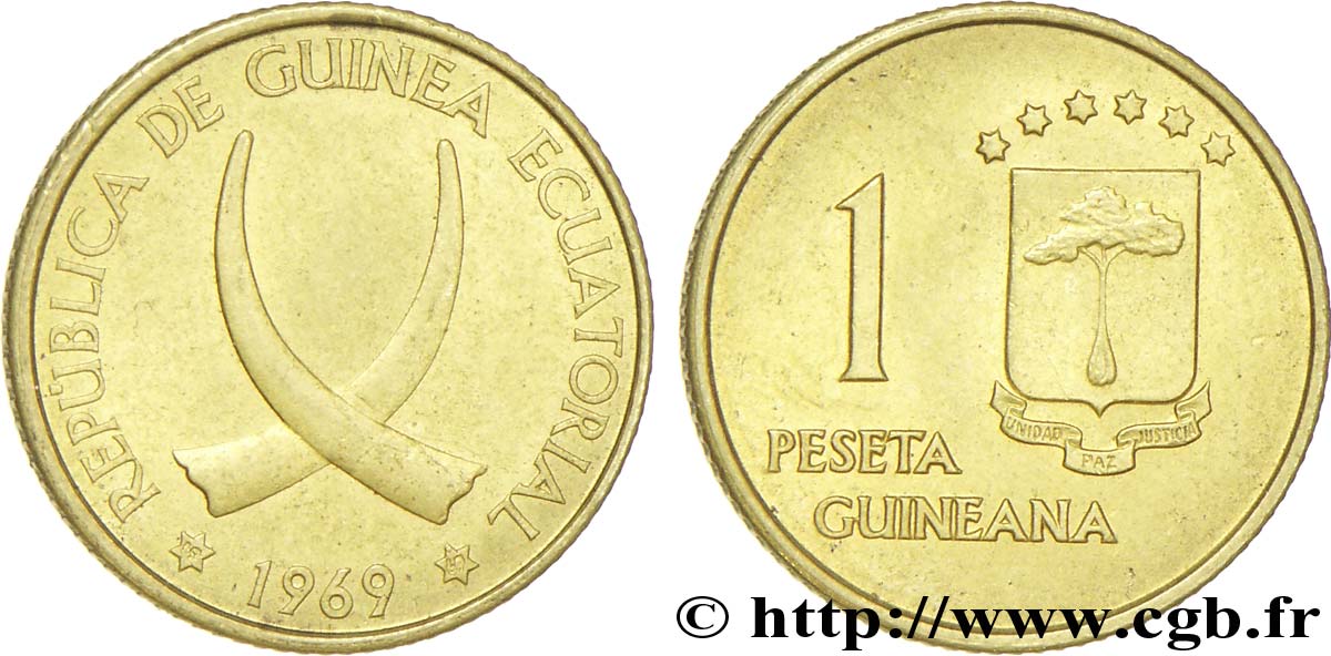 GUINEA ECUATORIAL 1 Peseta défenses d’éléphant croisées 1969  EBC 
