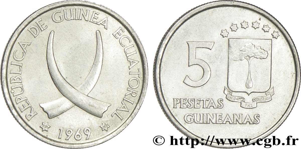 GUINEA EQUATORIALE 5 Pesetas défenses d’éléphant croisées 1969  SPL 