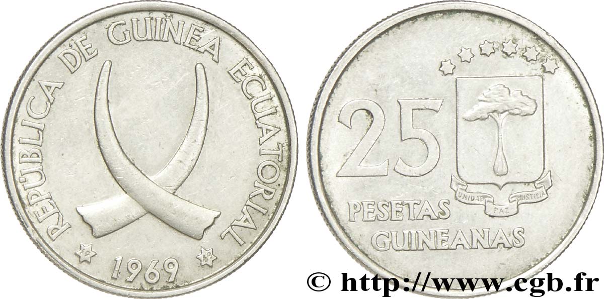 GUINEA EQUATORIALE 25 Pesetas défenses d’éléphant croisées 1969  SPL 