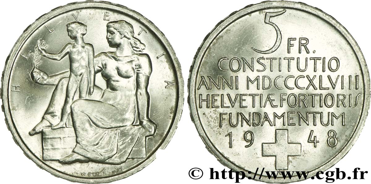 SCHWEIZ 5 Francs centenaire de la constitution suisse 1948 Berne - B fST 