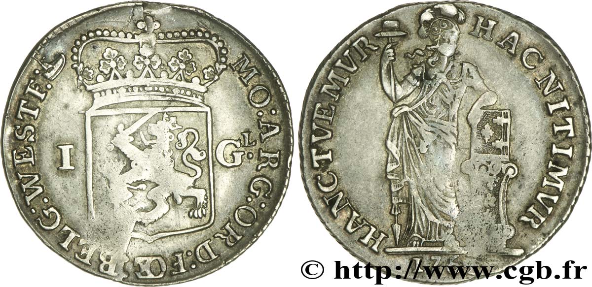 NETHERLANDS - UNITED PROVINCES 1 Gulden Frise Occidentale armes couronnées des provinces Unies / femme au coude posé sur une bible 1764  VF 