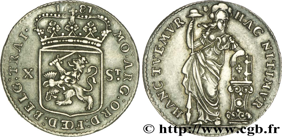 NETHERLANDS - UNITED PROVINCES 10 Stuivers (1/2 Gulden) Utrecht armes couronnées des provinces Unies /  femme au coude posé sur une bible 1787  AU 