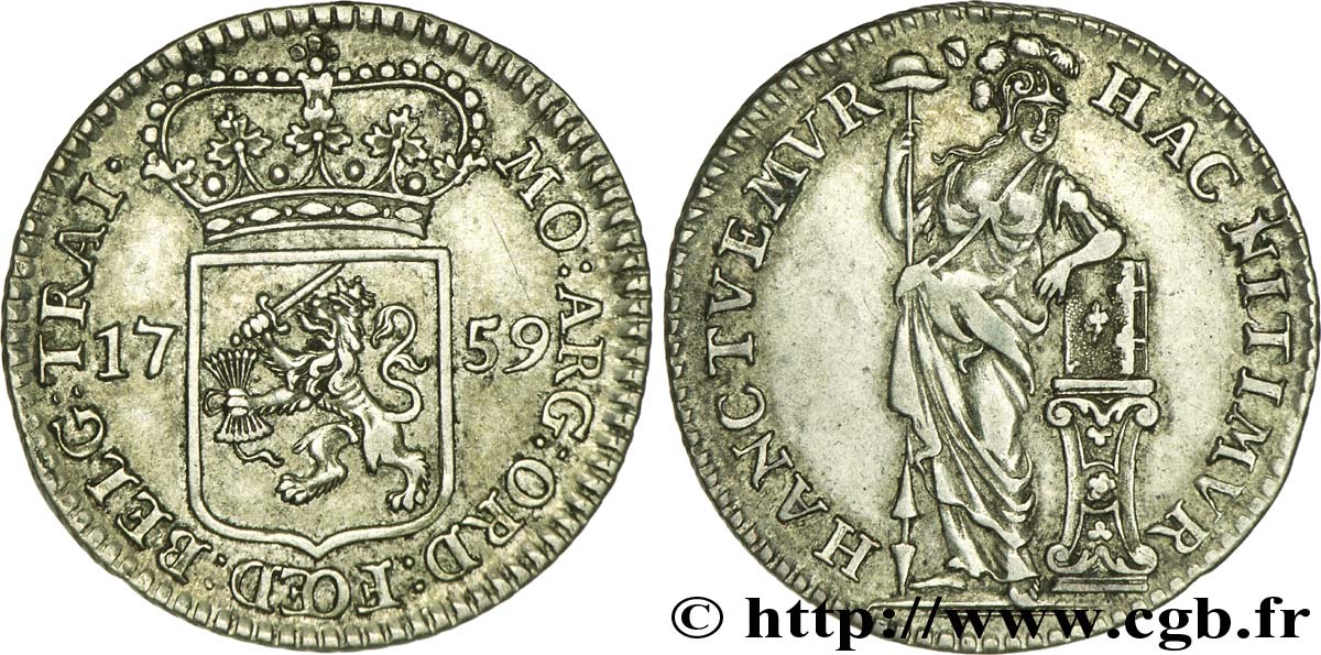 NETHERLANDS - UNITED PROVINCES 1/4 Gulden Utrecht armes couronnées des provinces Unies /  femme au coude posé sur une bible 1759  AU 
