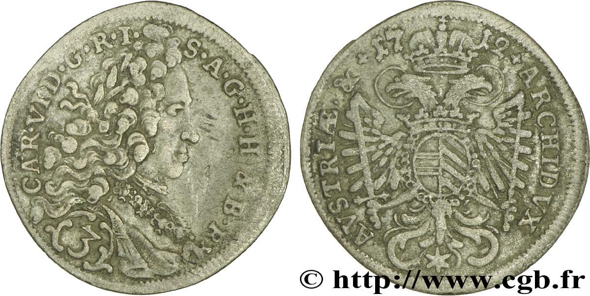 AUSTRIA 3 Kreuzer Charles VI / aigle héraldique 1712 Vienne MB 