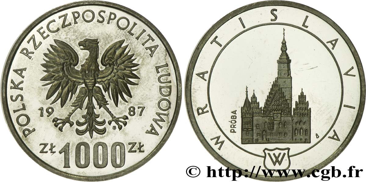 POLAND 1000 Zlotych (proba) BE aigle / Hôtel de ville de Wroclaw (Vrastislavia) 1987 Varsovie MS 
