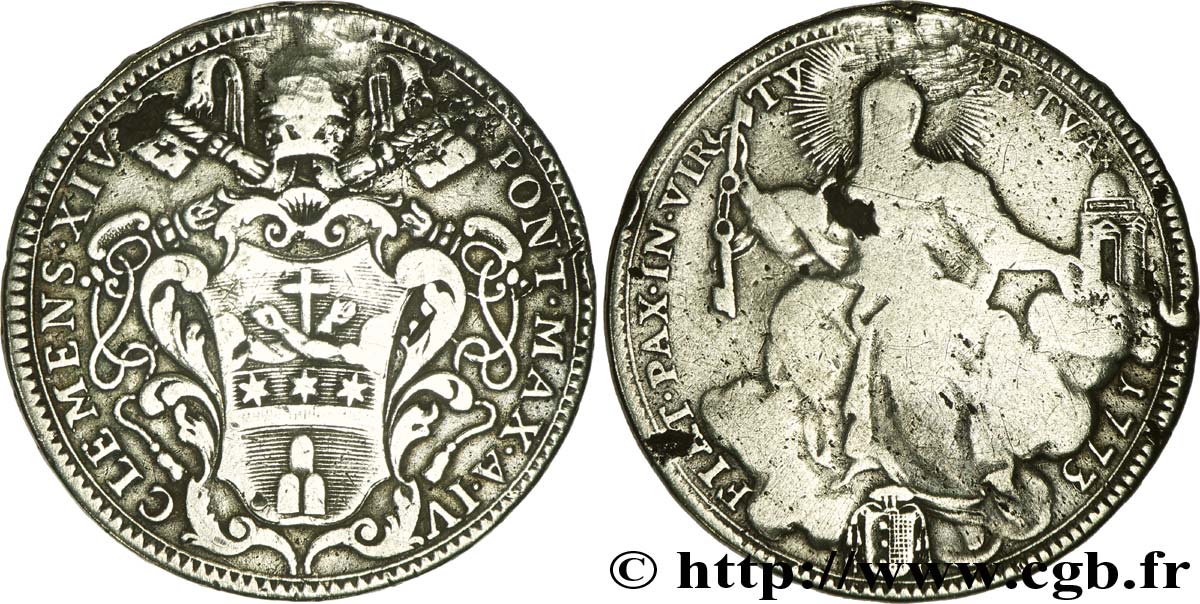 VATICAN AND PAPAL STATES 1/2 Scudo frappe au nom de Clément XIV an IV 1773 Rome VF 