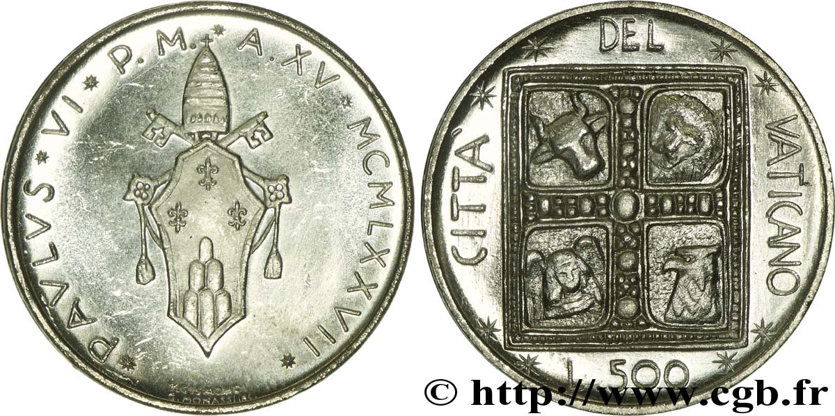 VATICAN AND PAPAL STATES 500 Lire frappe au nom de Paul VI an XV / livre des évangiles 1977 Rome MS 