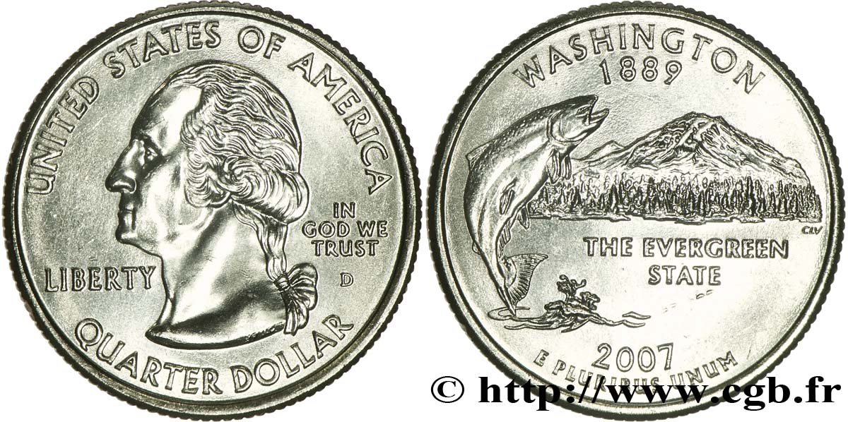 ESTADOS UNIDOS DE AMÉRICA 1/4 Dollar État de Washington : saumon et vue du Mount Rainier 2007 Denver SC 