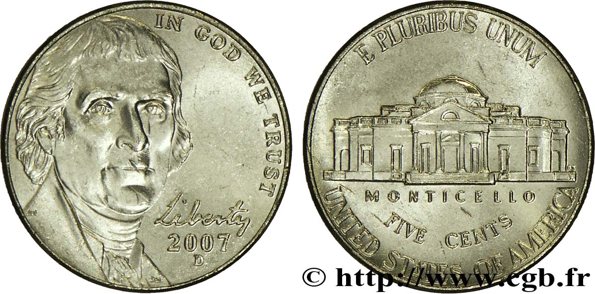 VEREINIGTE STAATEN VON AMERIKA 5 Cents président Thomas Jefferson d’après Rembrandt Peale / Monticello 2007 Denver fST 