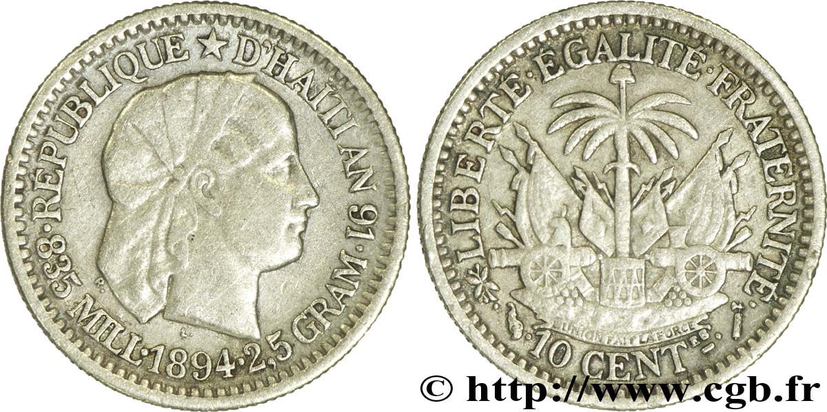 HAITI 10 Centimes emblème “Liberté créole” de Roty 1894 Paris AU 