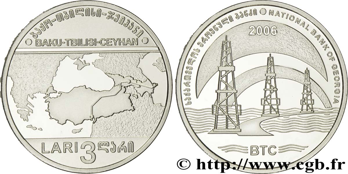 GEORGIA 3 Lari oléoduc Bakou - Tbilissi - Ceyhan : carte / 3 puits de pétrole 2006 Mennica Polska MS 