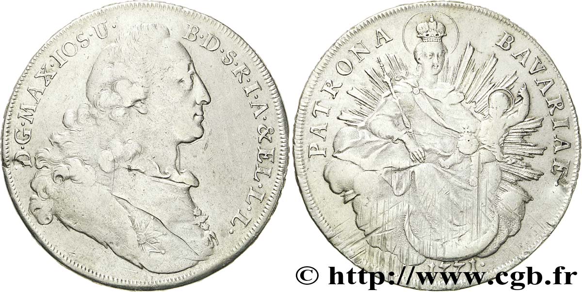 ALEMANIA - BAVIERA 1 Thaler Royaume de Bavière : Maximilien III Joseph / Madone à l’enfant 1771 Munich BC+ 