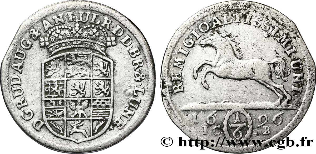 ALEMANIA - WOLFENBUTTEL 1/6 Thaler Principauté de Brunswick-Wolfenbuttel, frappe à cheval au nom de Rudolphe Auguste, armes couronnée 1696  MBC 