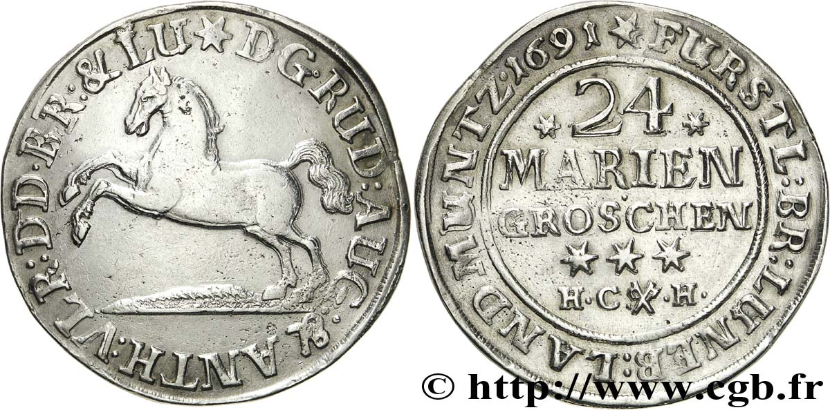 DEUTSCHLAND - BRAUNSCHWEIG-WOLFENBUTTEL 24 Mariengroschen Principauté de Brunswick-Wolfenbuttel, frappe au cheval au nom de Rudolphe Auguste 1691  VZ 