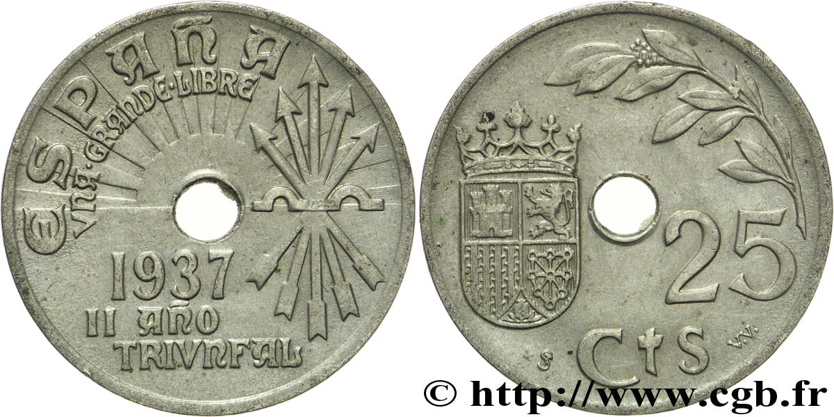 SPAIN 25 Centimos monnayage du gouvernement nationaliste de Burgos 1937 Vienne AU 