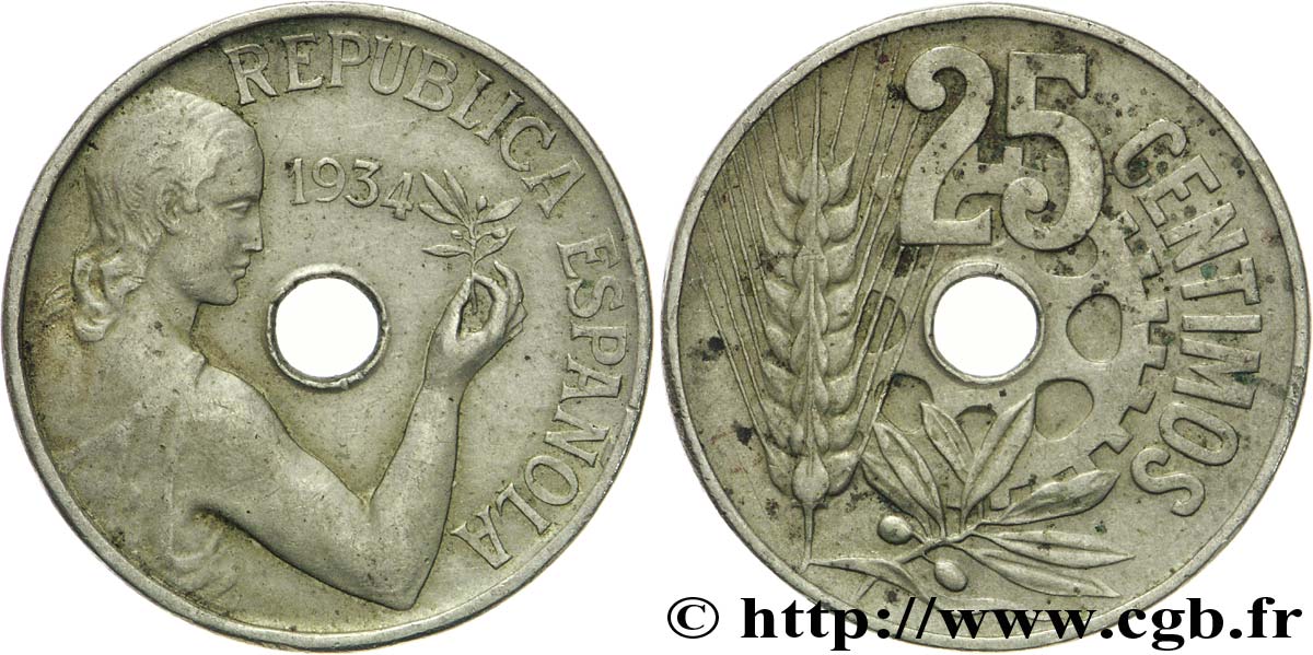 SPAIN 25 Centimos monnayage républicain 1934  XF 