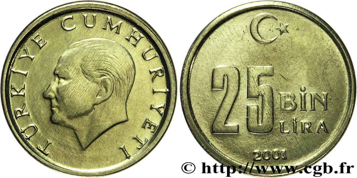 TURKEY 25.000 Lira Kemal Ataturk 2001  MS 