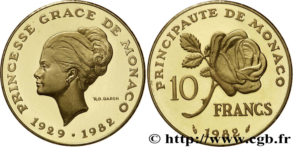 MONACO Piéfort en or de 10 Francs princesse Grace de Monaco 1982 Paris MS66 
