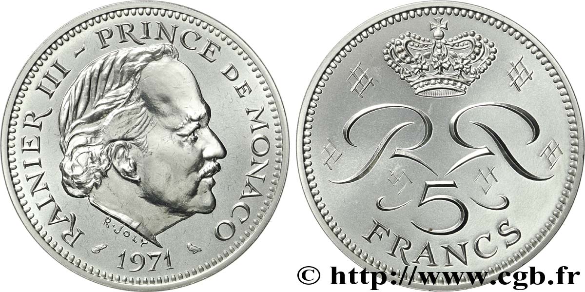 MONACO Piéfort Nickel de 5 francs 1971 Paris MS65 